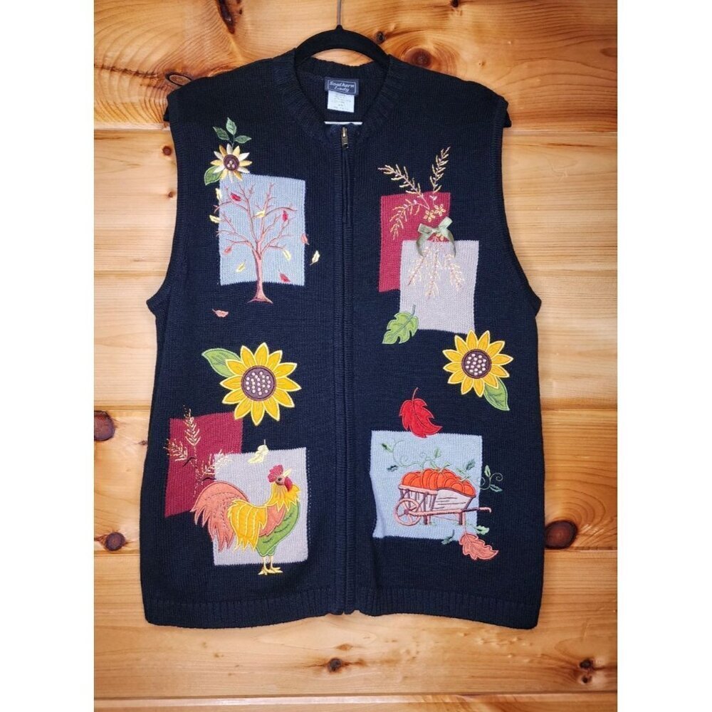 Southern Lady Fall Themed Chicken,Sunflower,Pumpkin Black Vest Women Size Large - Picture 3 of 12